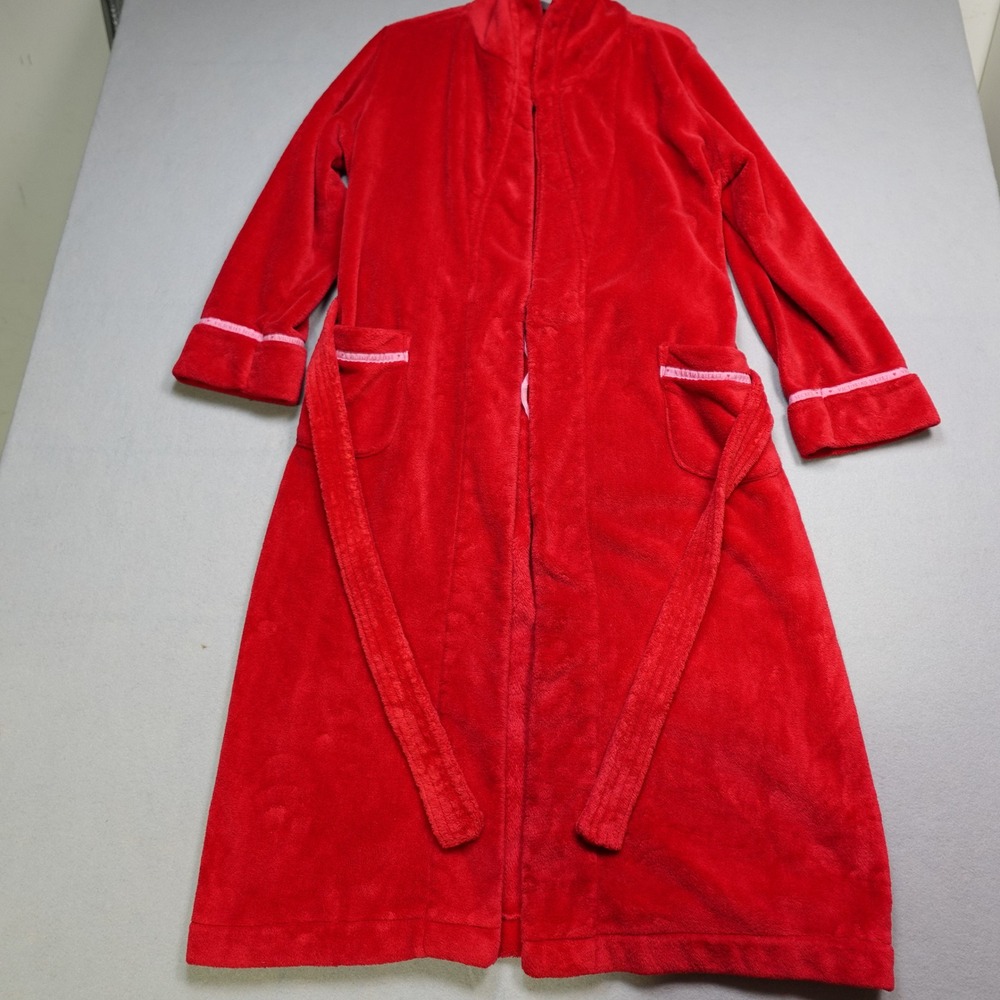 Victorias Secret Robe Womens Medium Red Plush Fleece Belted Logo Trim Loungewear